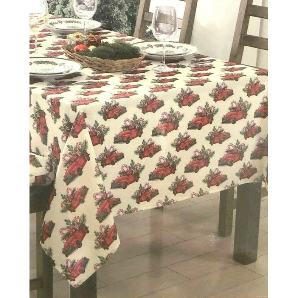 Christmas Fabric Tablecloth Vintage Red Farm Truck Country 60x84